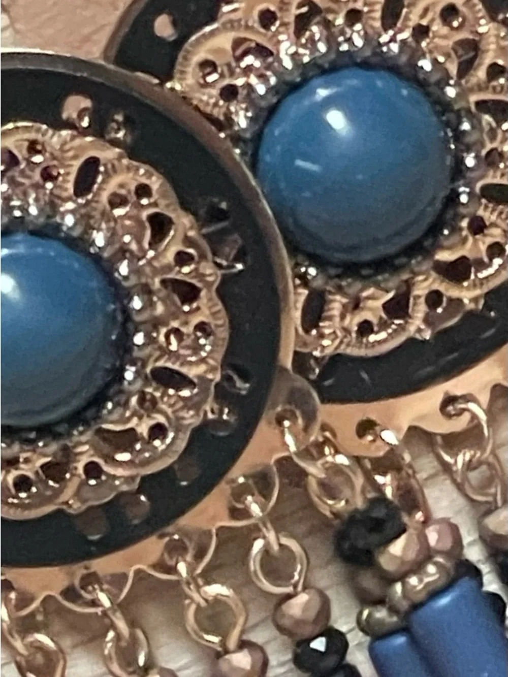 Blue and Gold Filigree Beaded Boho Dangle Earrings